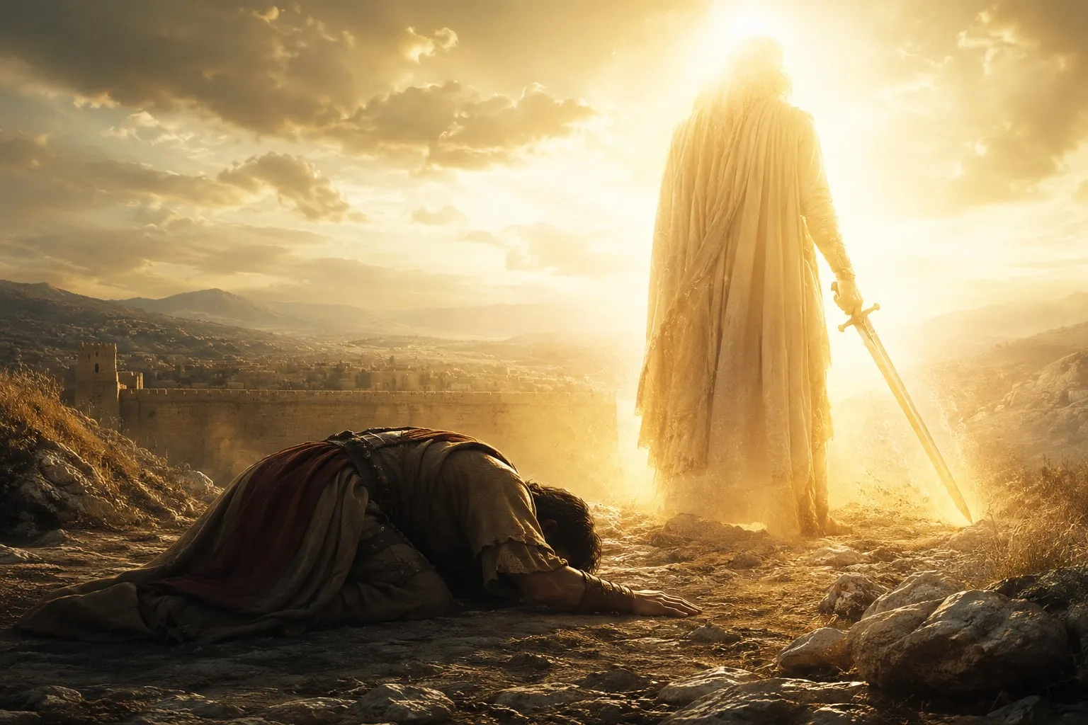 Joshua kneeling with his face to the ground before the Commander of the army of the LORD, who stands radiant with a drawn sword near the walls of Jericho